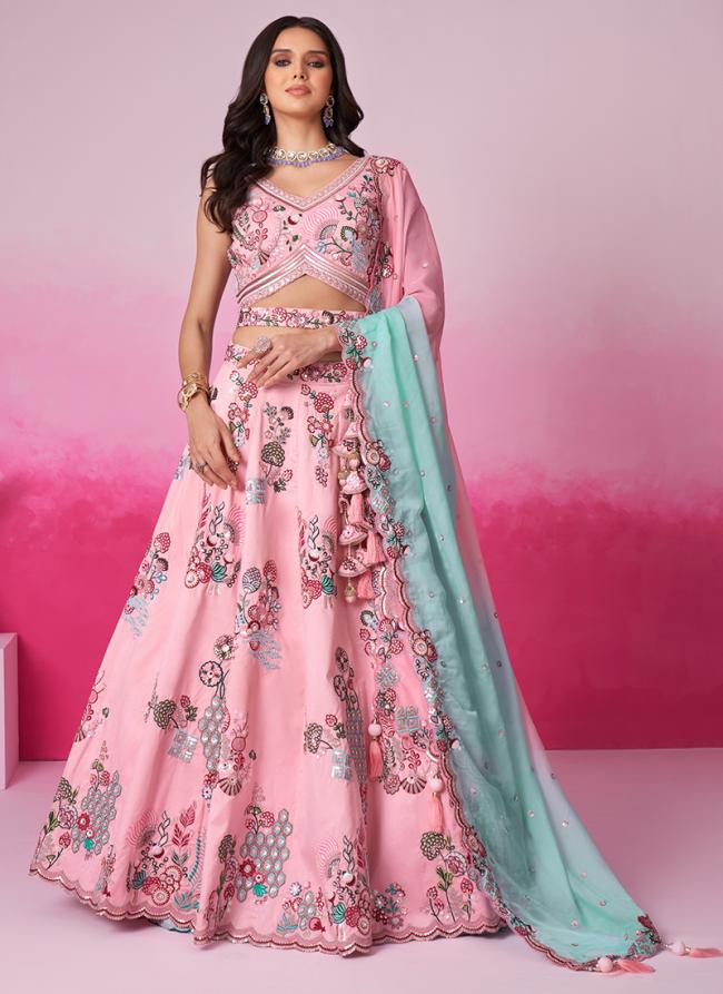 Silk Pink Wedding Wear Sequins Work Lehenga Choli